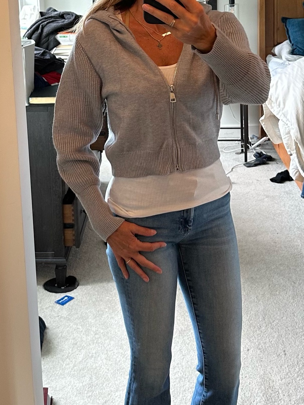 Cropped Light Gray Zip Hoodie Jacket - Women